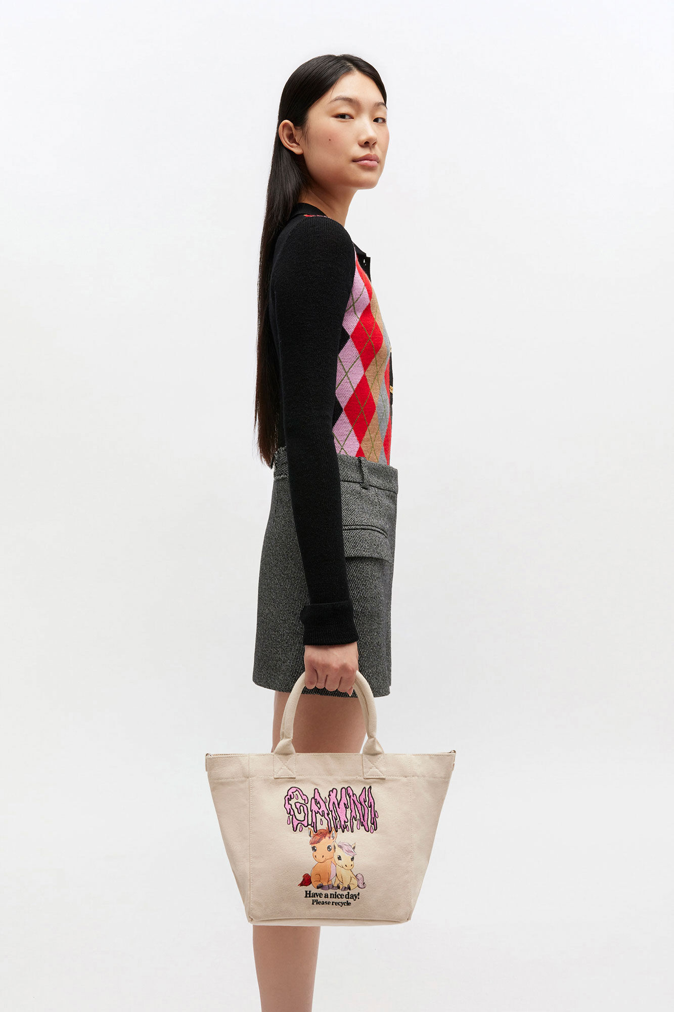 Small Easy Pony Printed Shopper, Recycled Cotton, in colour Egret - 1 - GANNI