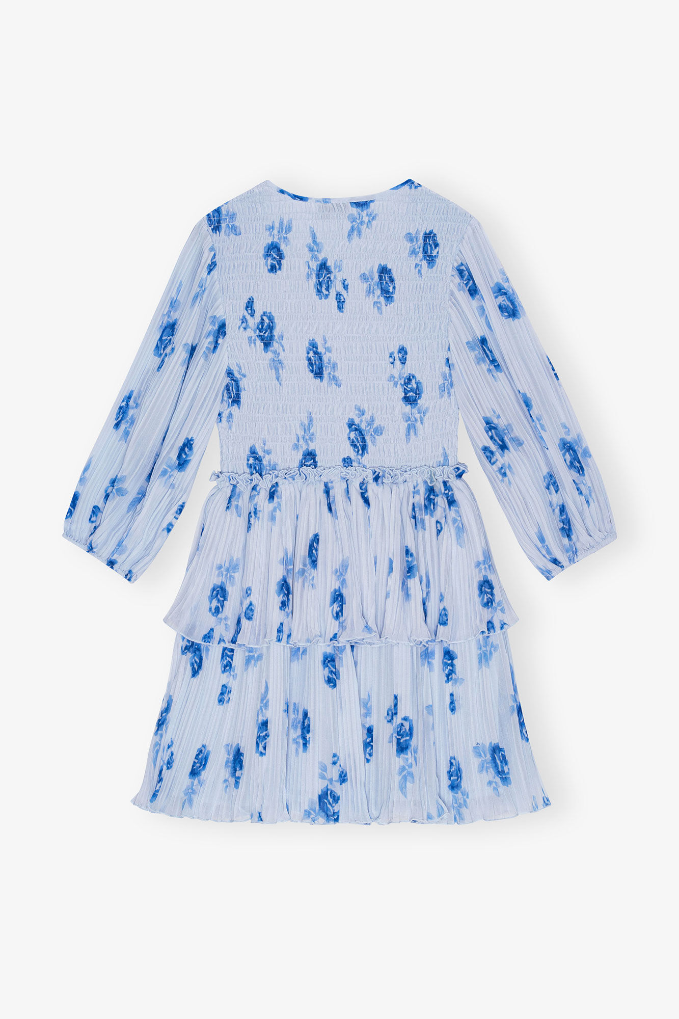 Heather Blue Pleated Georgette Flounce Smock Mini Dress | GANNI