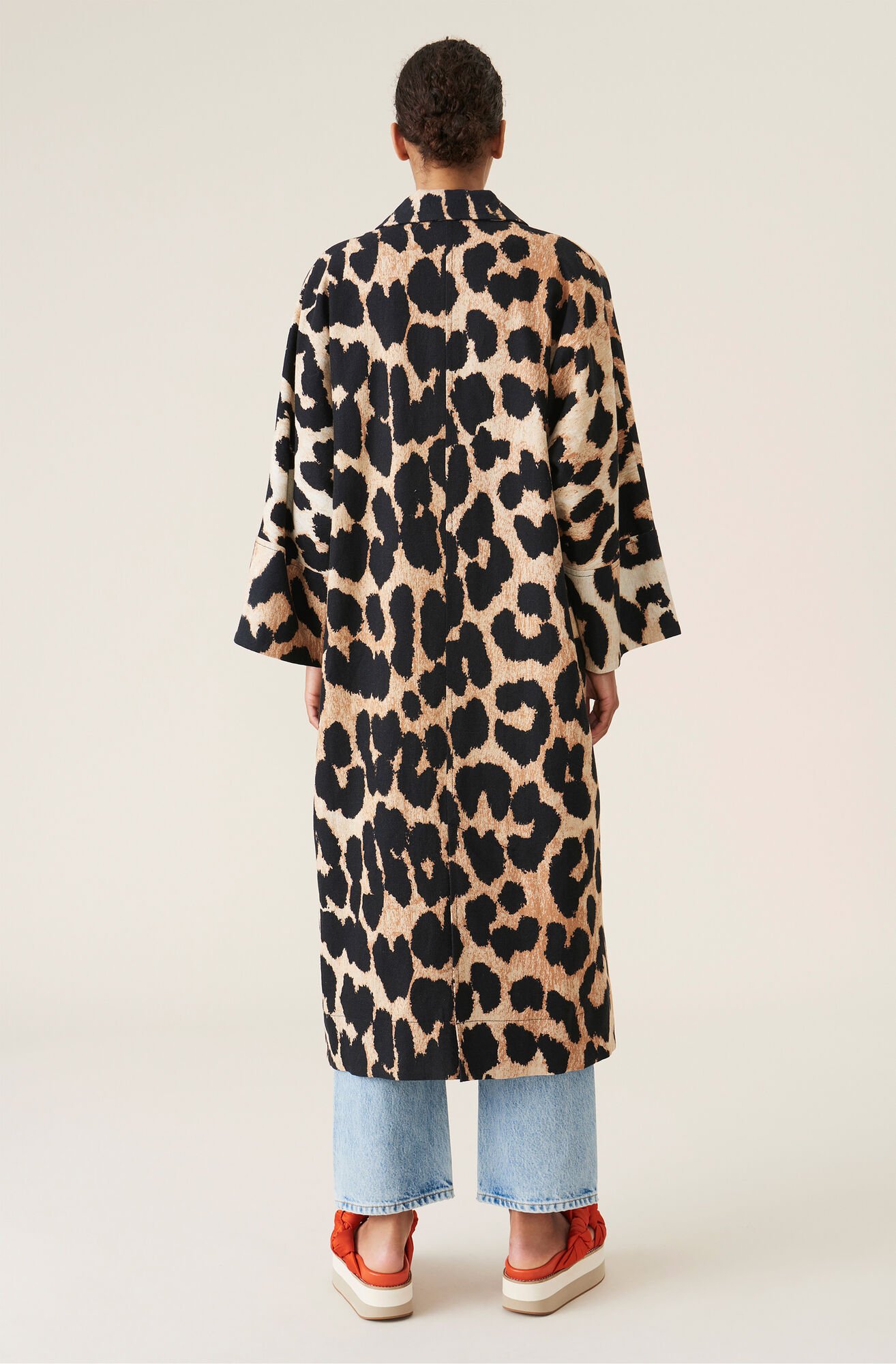 Maxi Leopard Linen Canvas Coat Ganni Fi