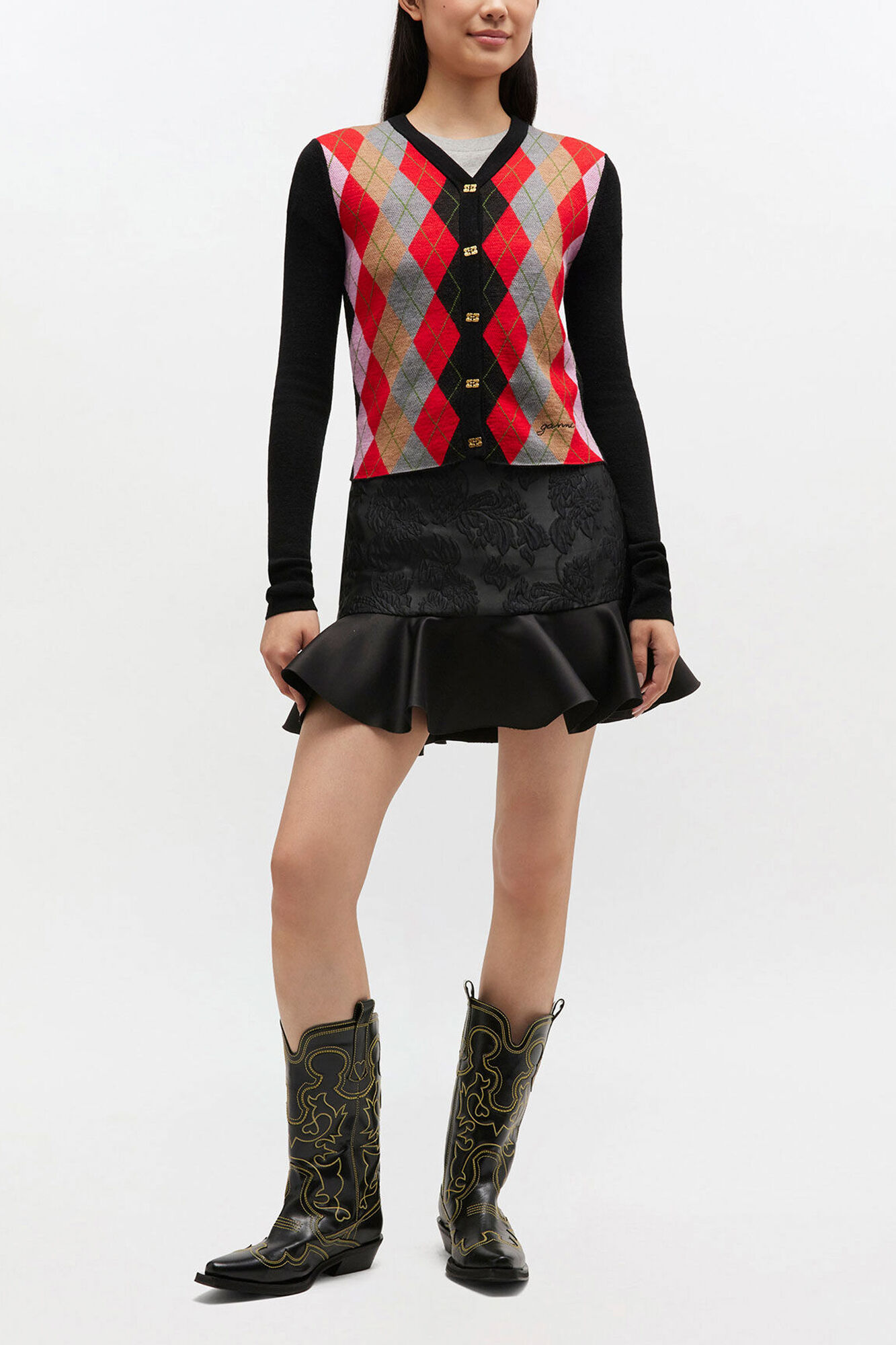 Fine Merino Harlequin Cardigan, Wool, in colour Jet Black - 2 - GANNI