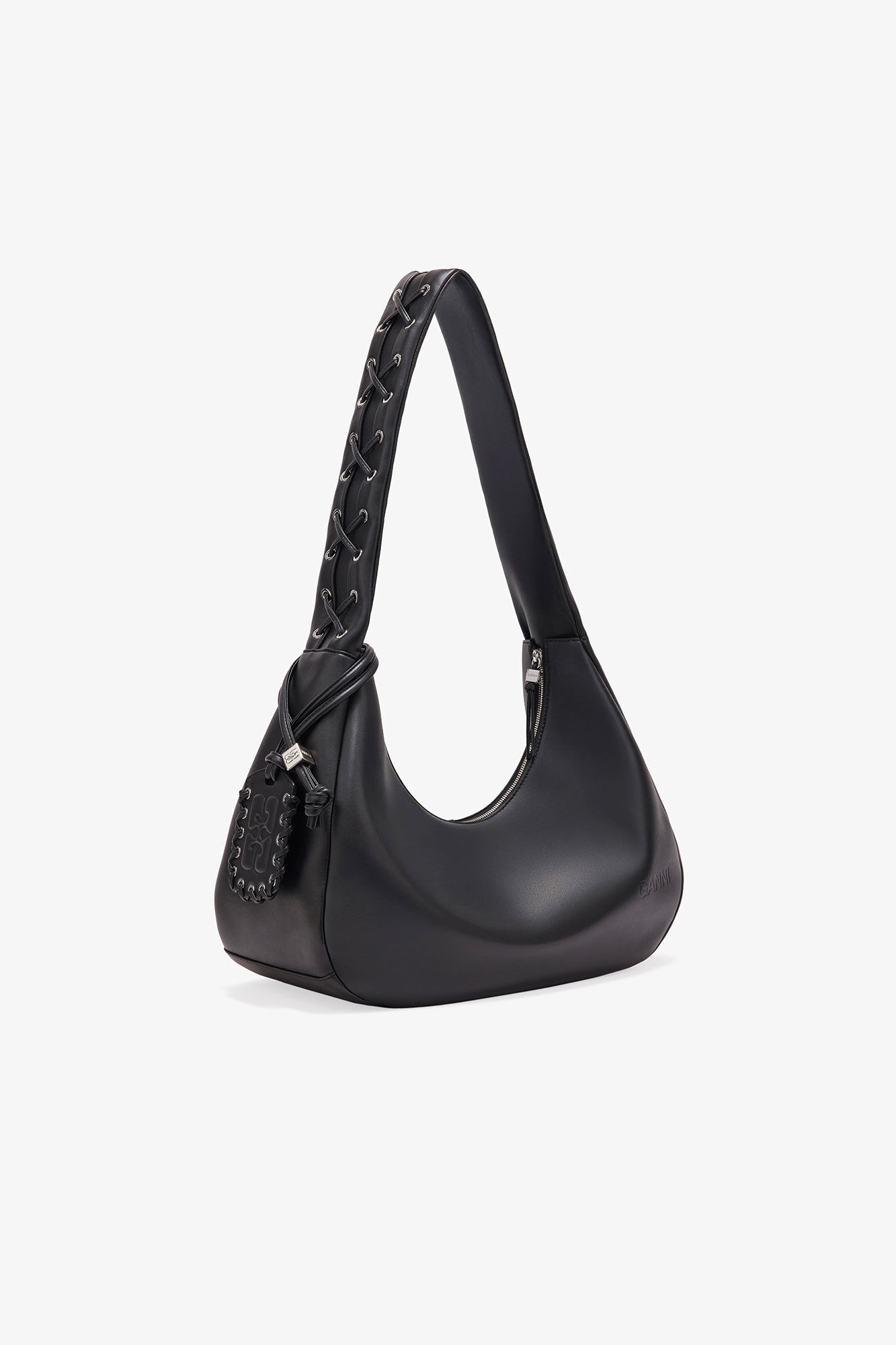 Black Medium Laces Hobo Bag, Polyester, in colour Black - 2 - GANNI