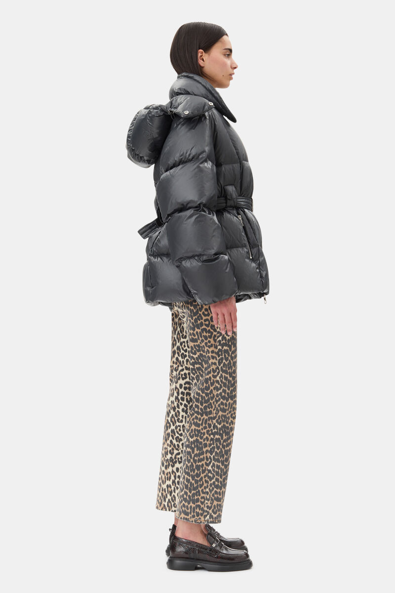 Black Shiny Nylon Puffer Jacket, Nylon, in colour Black Sand - 3 - GANNI