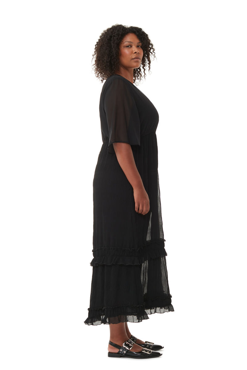 Black Pleated Georgette Maxi Dress, Recycled Polyester, in colour Black - 6 - GANNI