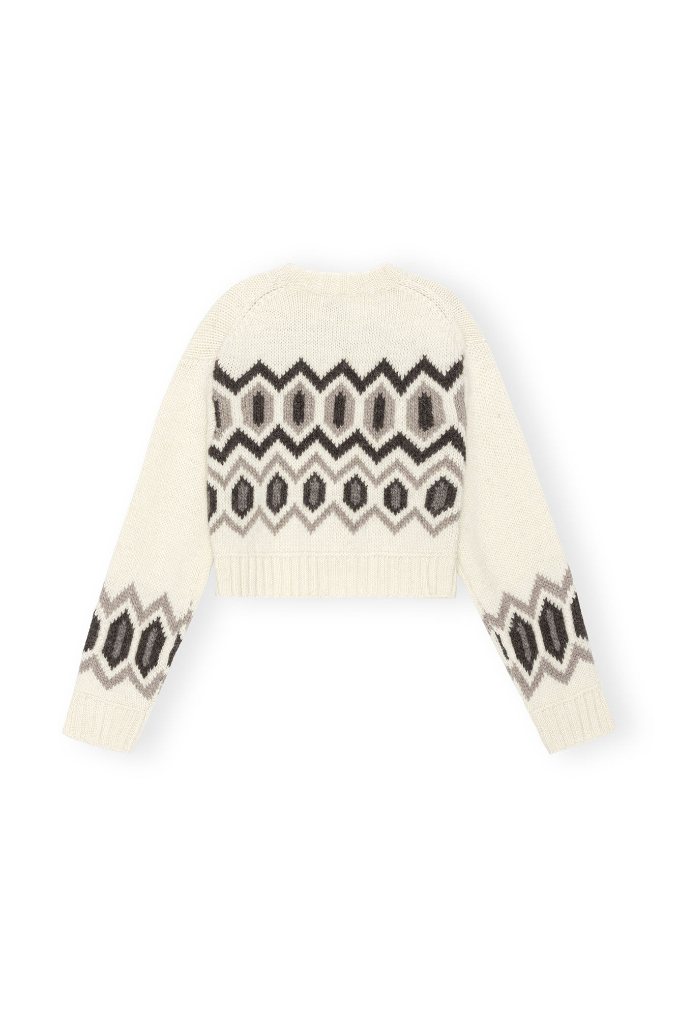 White Chunky Wool Cropped O-neck Sweater, Organic Wool, in colour Egret - 2 - GANNI