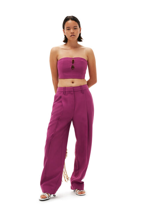 가니 팬츠 GANNI Summer Suiting Relaxed Pleated Pants,Purple Wine