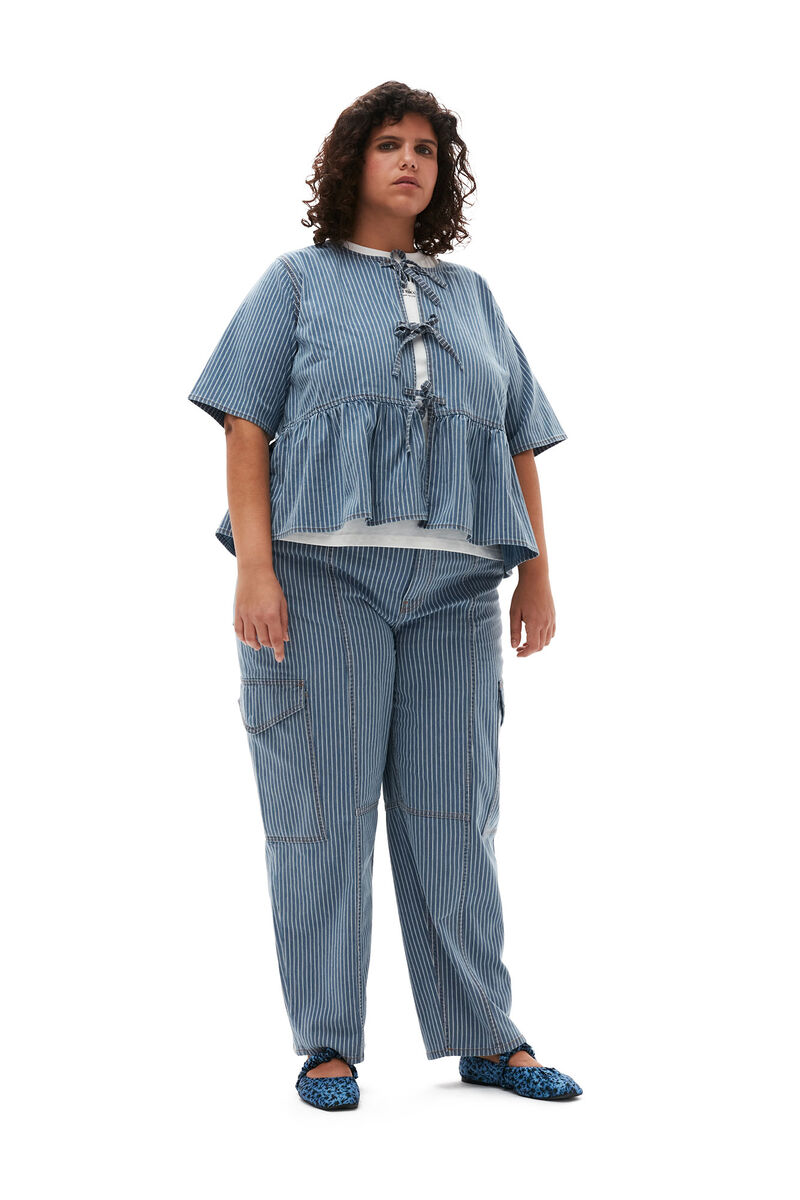 Pantalon cargo à rayures fines en denim, Elastane, in colour Mid Blue Stone - 5 - GANNI