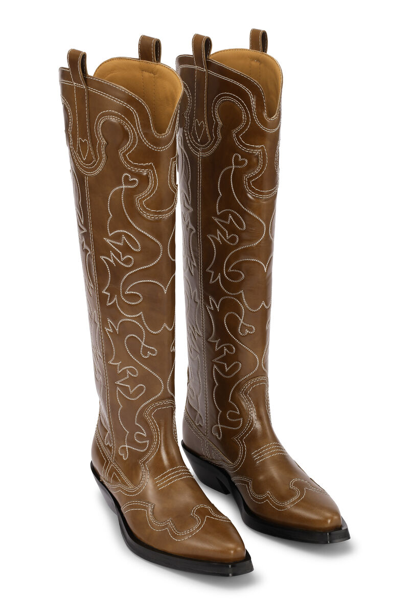 Knee High Embroidered Western Boots, Calf Leather, in colour Tiger's Eye - 3 - GANNI