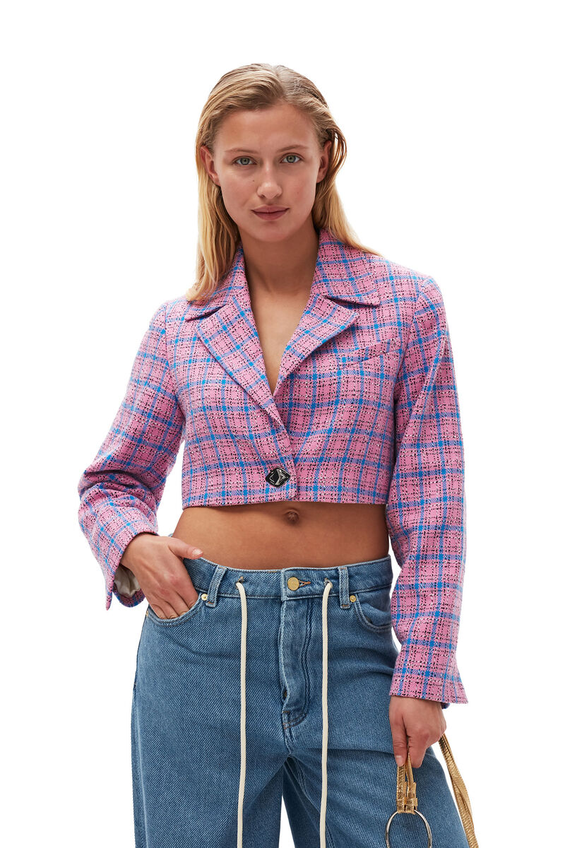 Check Suiting Cropped Blazer, Cotton, in colour Wild Orchid - 3 - GANNI