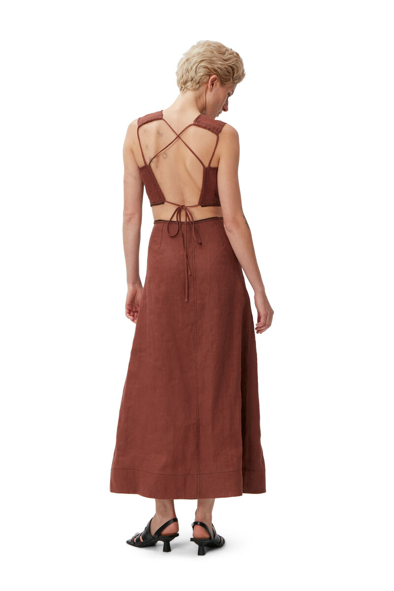 Maxi kjole i 100% hemp med perlerfrynser, Hemp, in colour Root Beer - 3 - GANNI