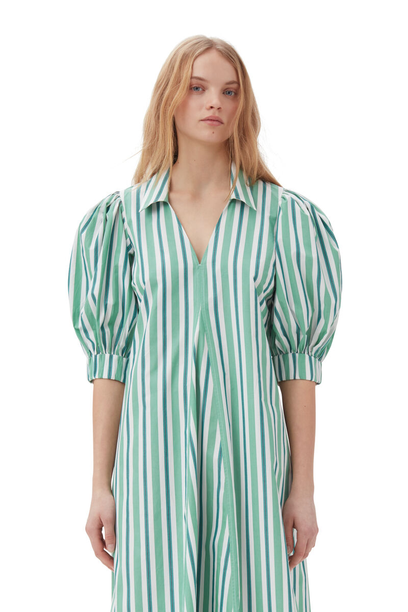 Robe Green Striped Collar Long, Cotton, in colour Creme de Menthe - 2 - GANNI
