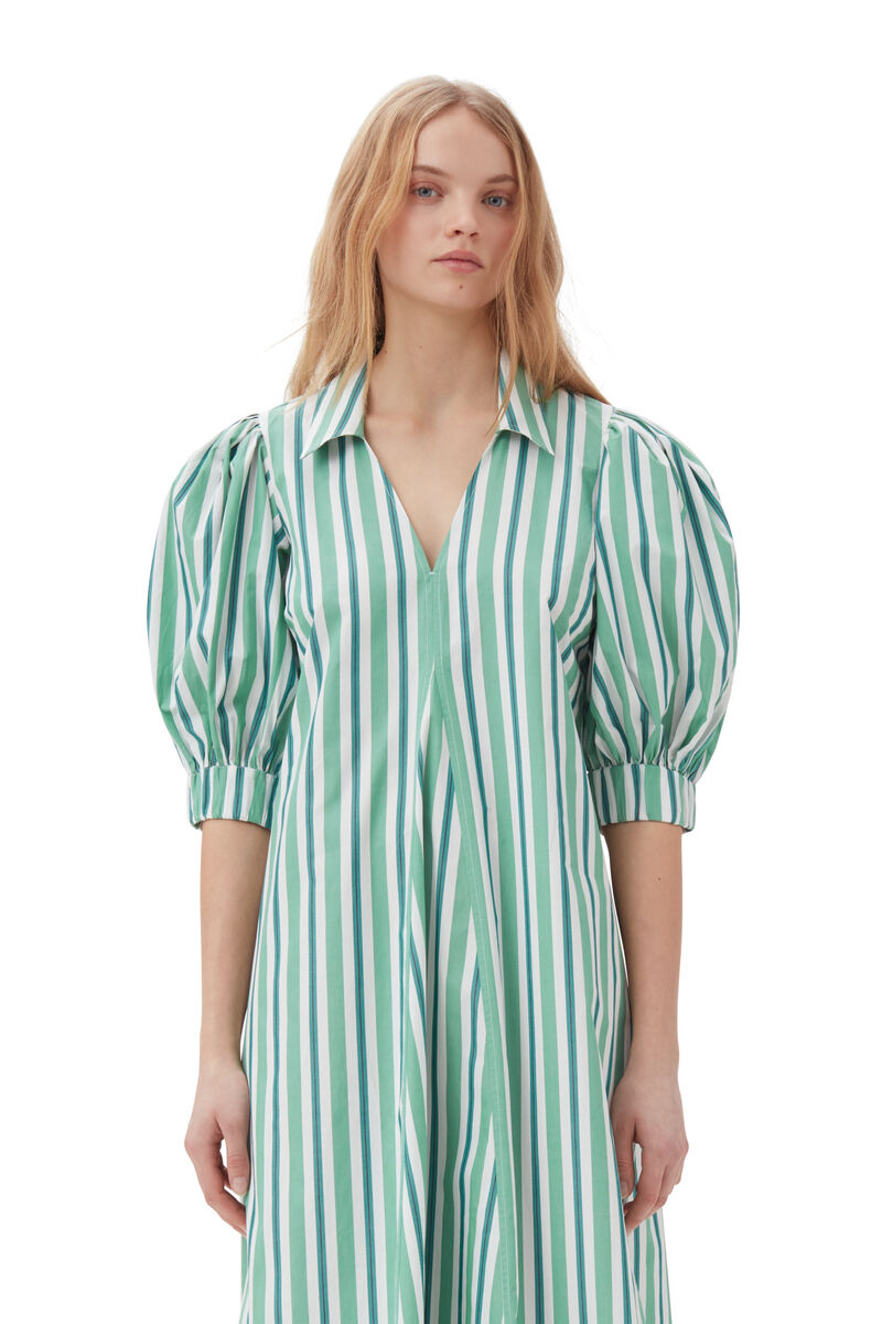 Green Striped Collar Long Dress, Cotton, in colour Creme de Menthe - 2 - GANNI