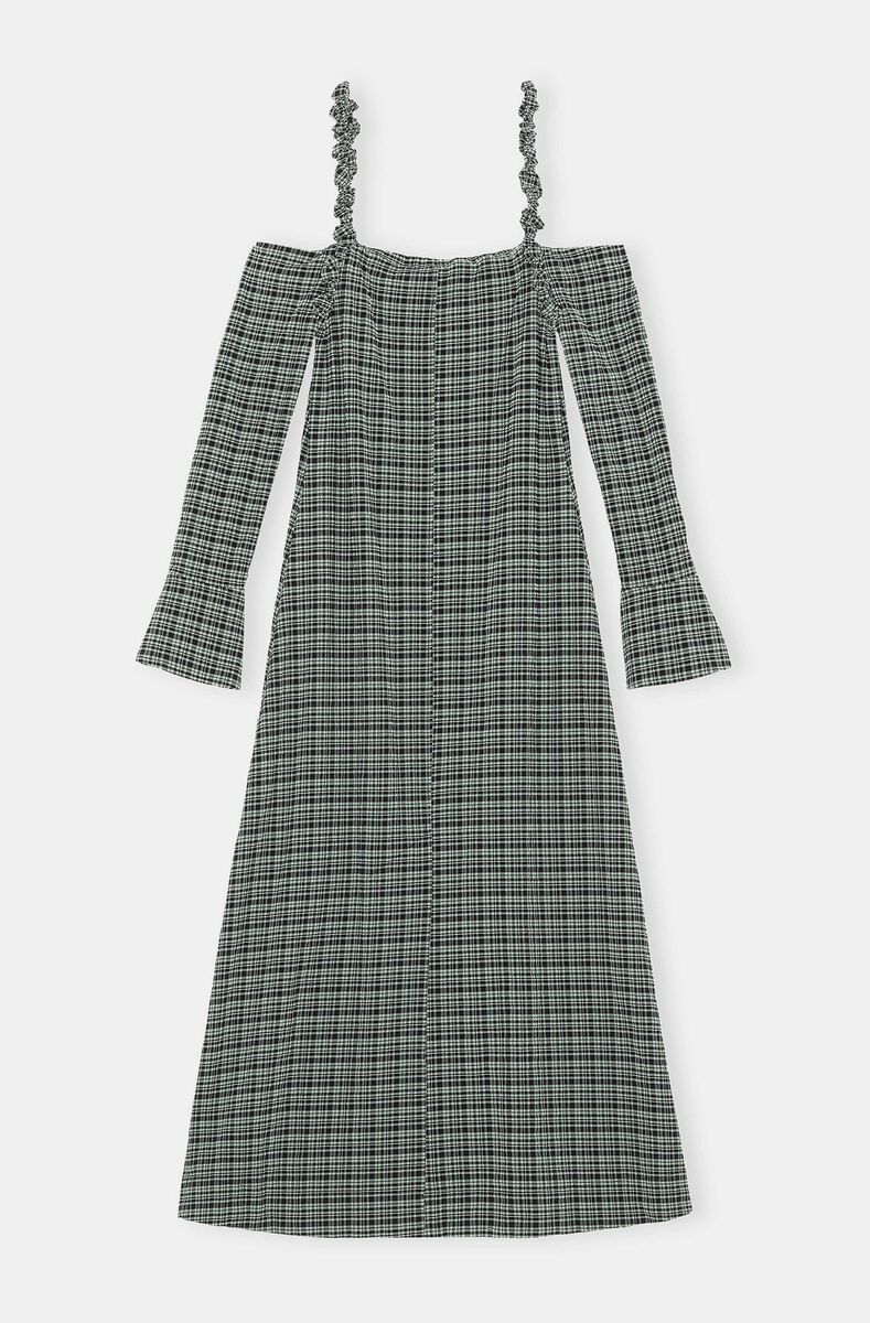 Seersucker Off-Shoulder Maxi Dress, Elastane, in colour Mini Check Green Bay - 1 - GANNI