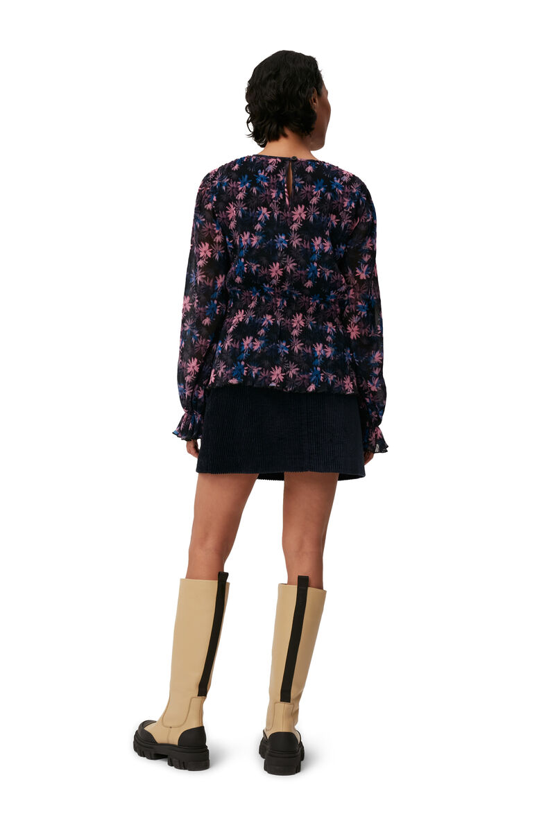 Pleated Georgette Smock Blouse, Recycled Polyester, in colour Daisy Spray Lilac Sachet - 2 - GANNI