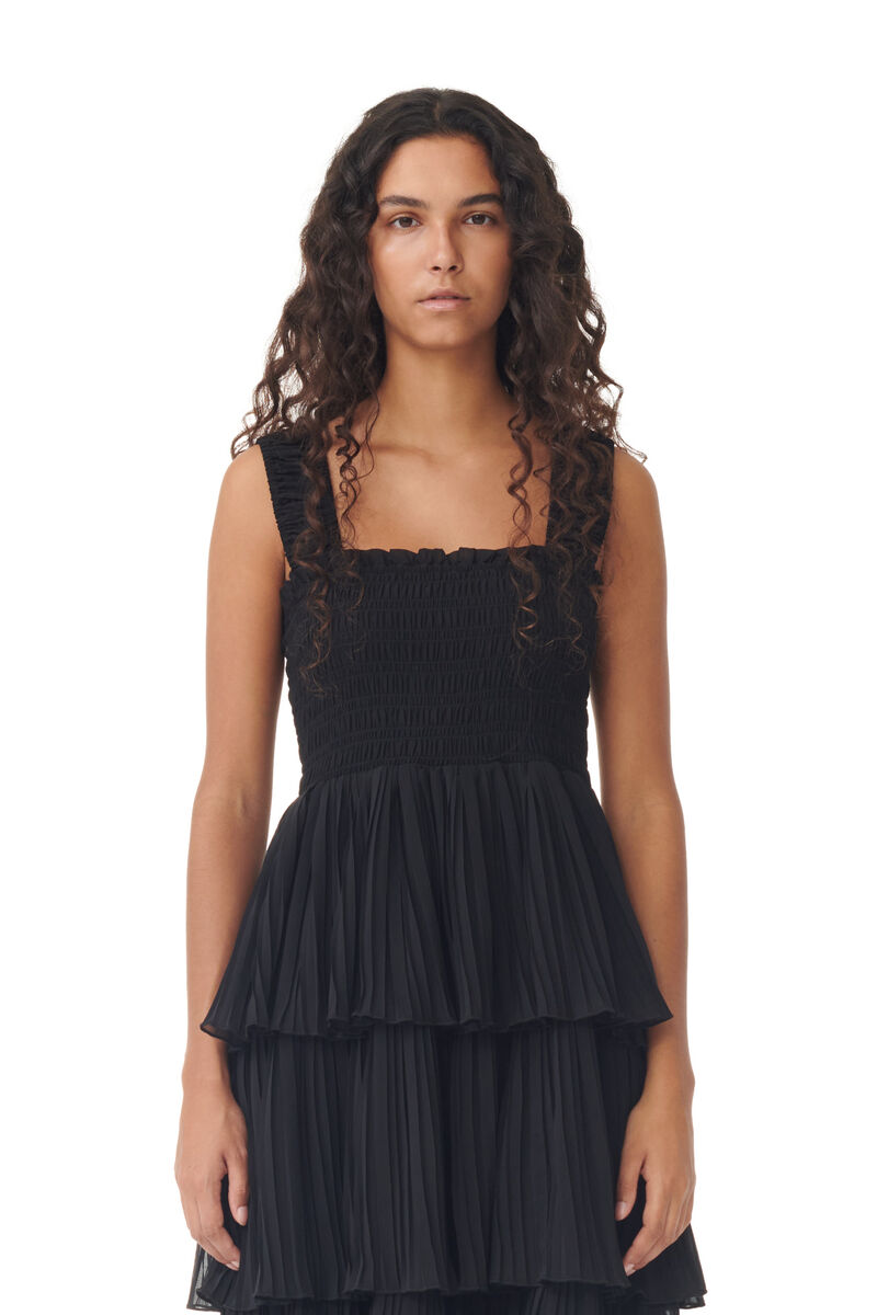 Black Pleated Georgette Flounce Smock Midi Dress, Recycled Polyester, in colour Black - 4 - GANNI