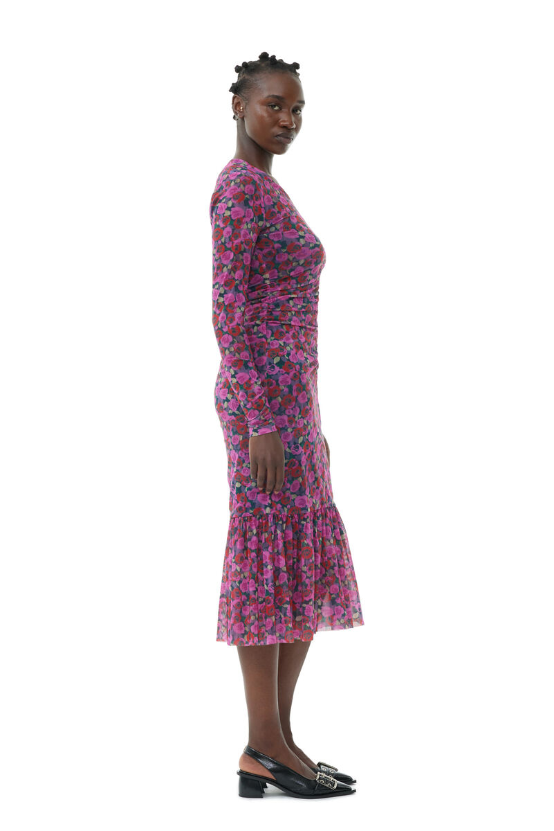 Floral Mesh Long Sleeve Midi Dress, Recycled Nylon, in colour Fiji Flower - 3 - GANNI