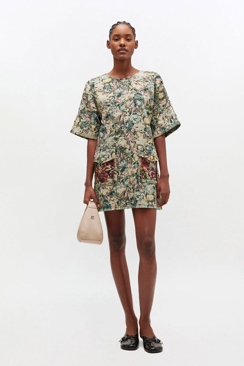 Robe kimono à motif tapisserie, Recycled Cotton, in colour Jadeite - 1 - GANNI