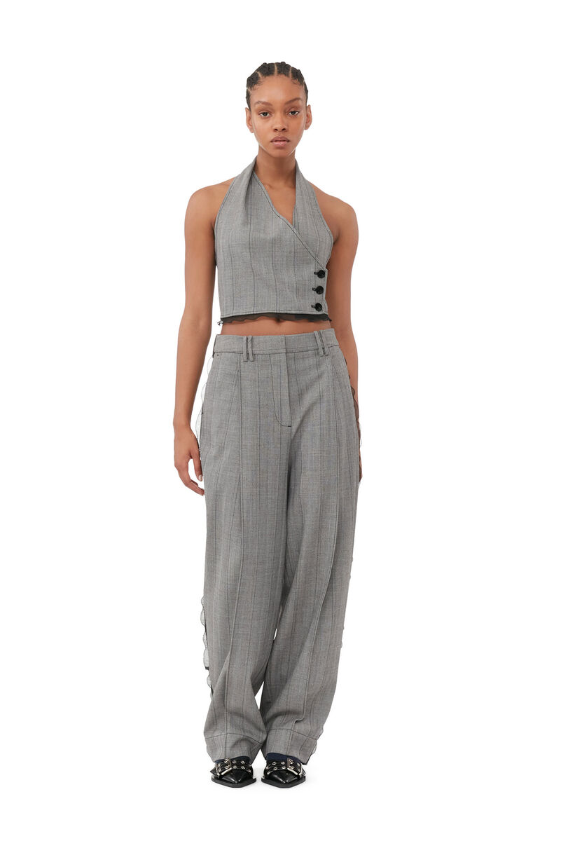 Grey Herringbone Suiting Pleated Trousers, Elastane, in colour Frost Gray - 1 - GANNI