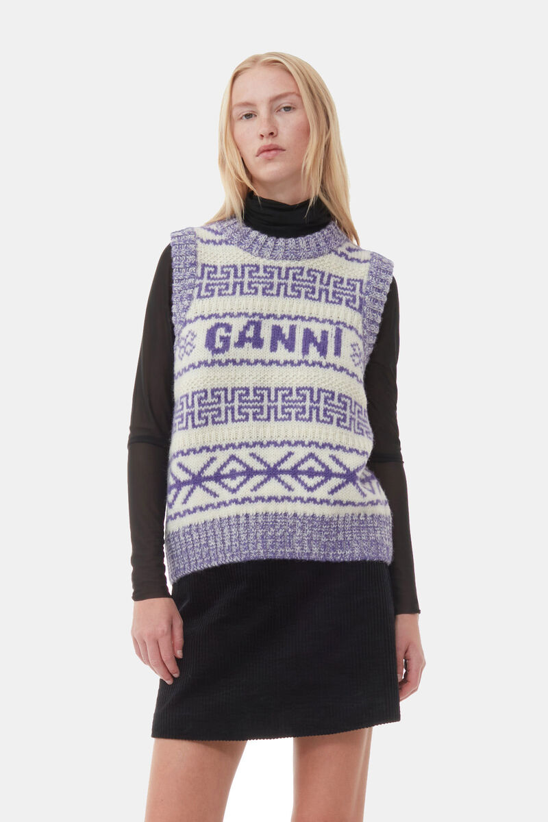 Purple Lambswool O-neck Vest, Organic Wool, in colour Simply Purple - 1 - GANNI