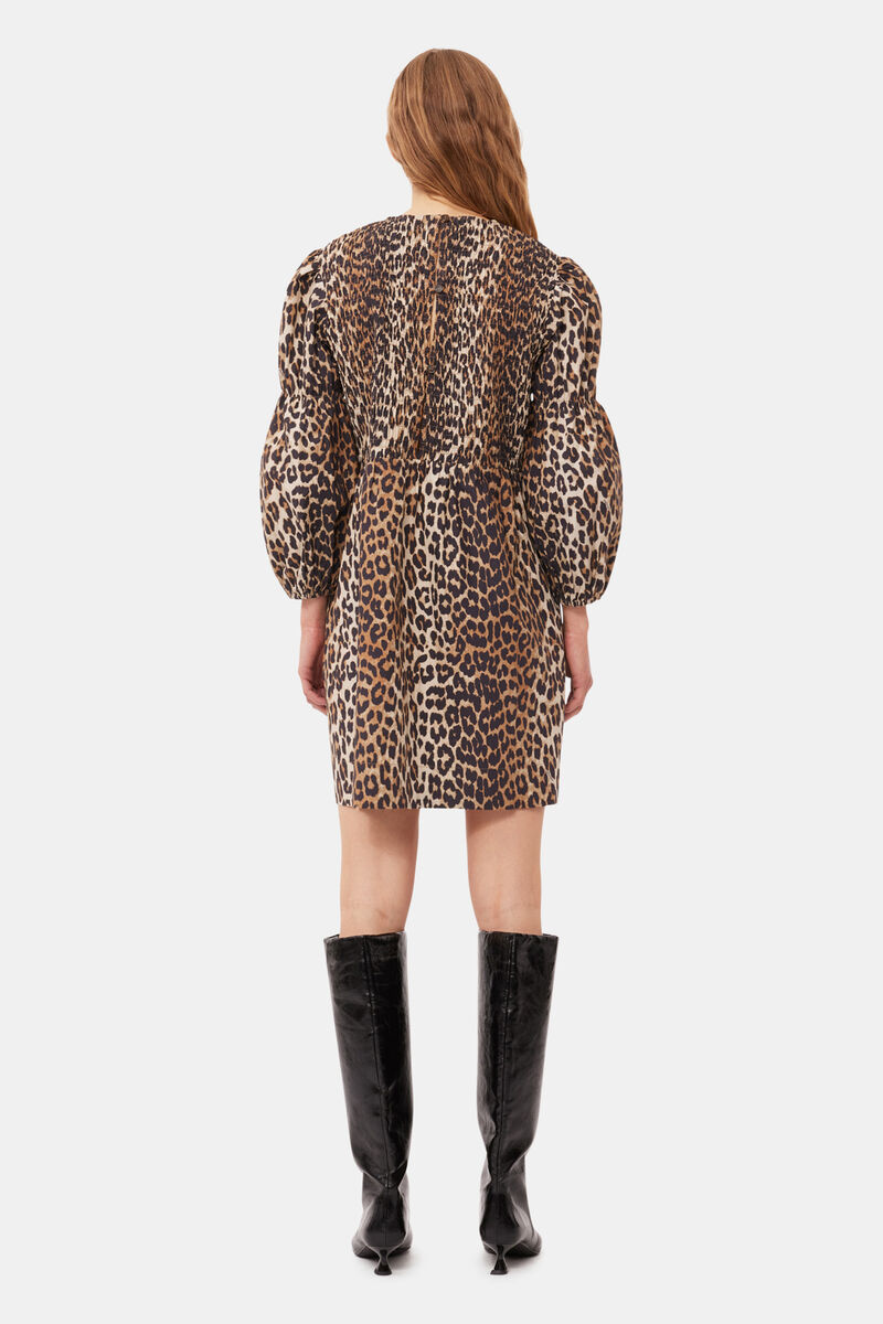 Leopard Cotton Poplin Smock Mini Dress, Cotton, in colour Leopard - 2 - GANNI