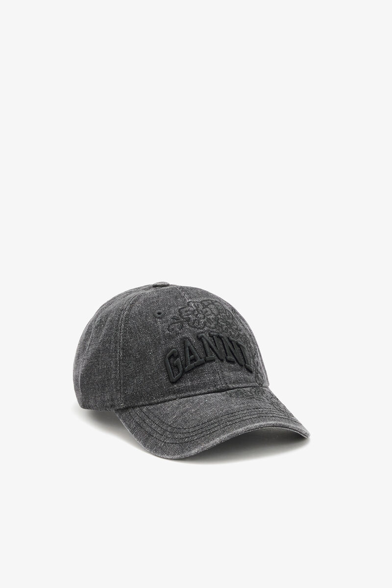 Cap in Embroidered Denim, Organic Cotton, in colour Black Washed - 1 - GANNI