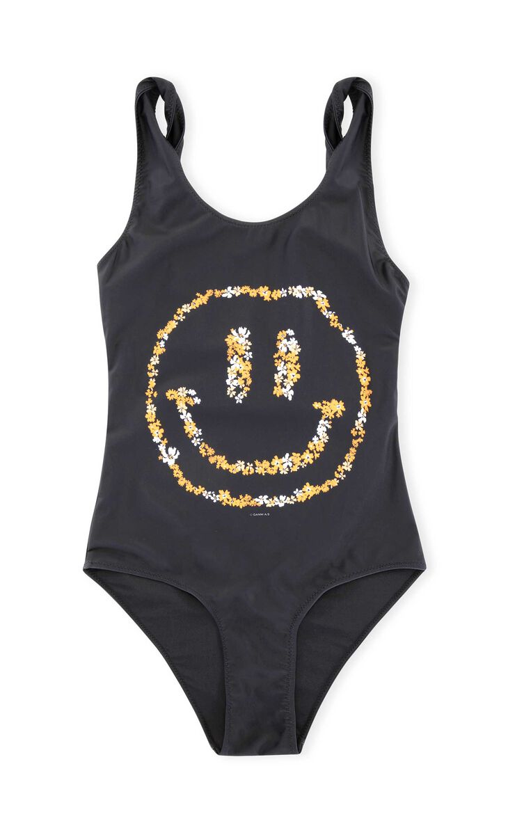 Placement Print Twisted Strap Swimsuit Smiley, Elastane, in colour Black - 1 - GANNI