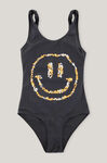 Placement Print Twisted Strap Swimsuit Smiley, Elastane, in colour Black - 1 - GANNI