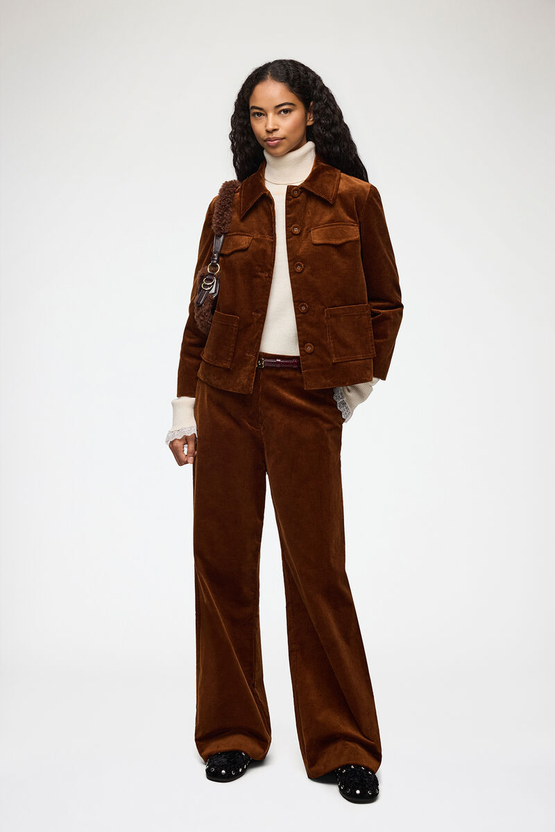 Trousers in Brown Corduroy, Organic Cotton, in colour Tortoise Shell - 1 - GANNI