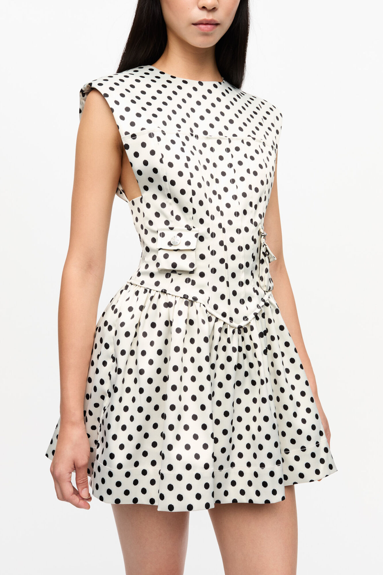 Polka-Dot Satin Corset Mini Dress, Recycled Polyester, in colour Egret - 4 - GANNI