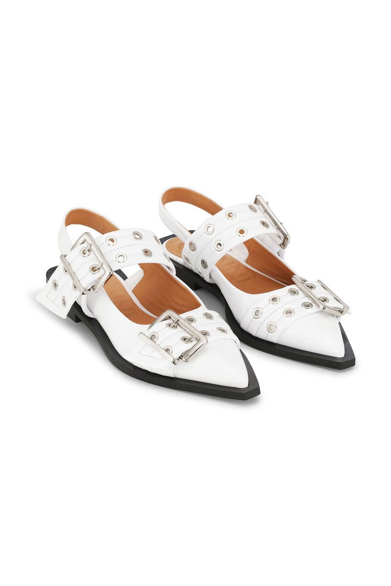 White Wide Welt Buckle Ballerinas, Calf Leather, in colour Egret - 3 - GANNI