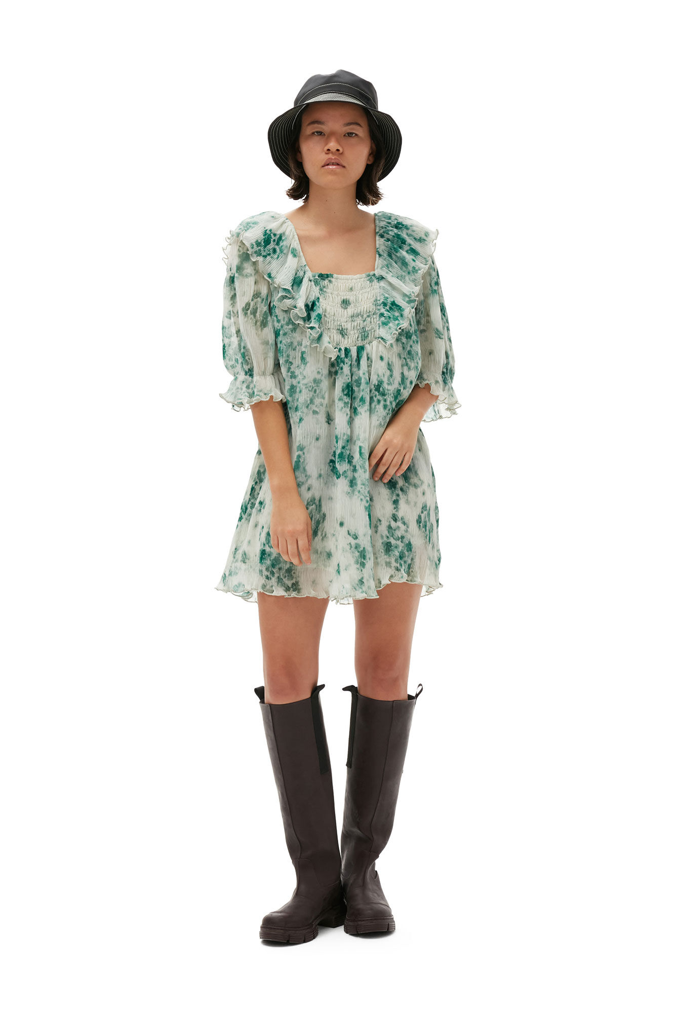 Pleated Georgette Ruffle Mini Dress, Recycled Polyester, in colour Egret - 1 - GANNI