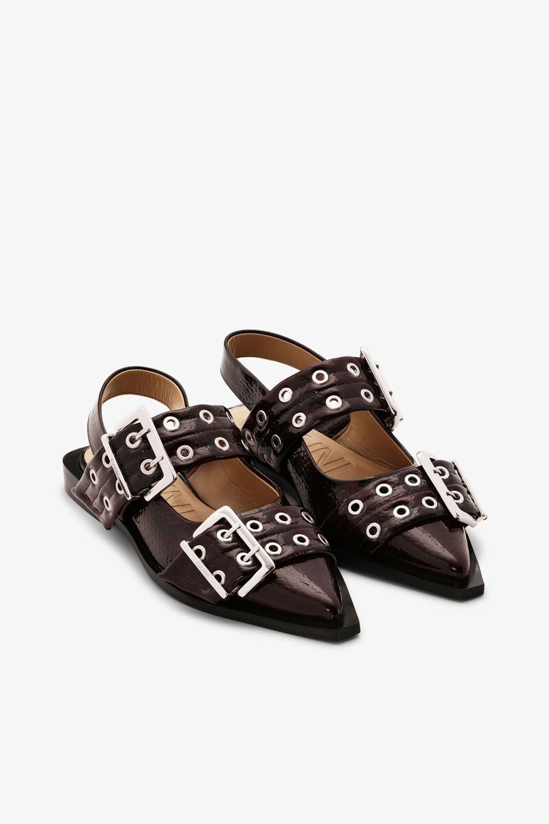 Feminine Buckle Ballerinas in Snake Burgundy, Recycled Leather, in colour Dark Burgundy - 2 - GANNI
