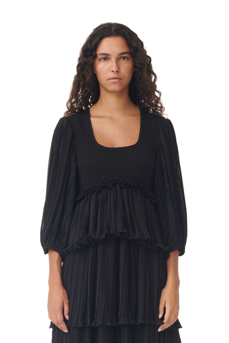 Black Pleated Georgette Flounce Smock Midi Dress, Recycled Polyester, in colour Black - 4 - GANNI