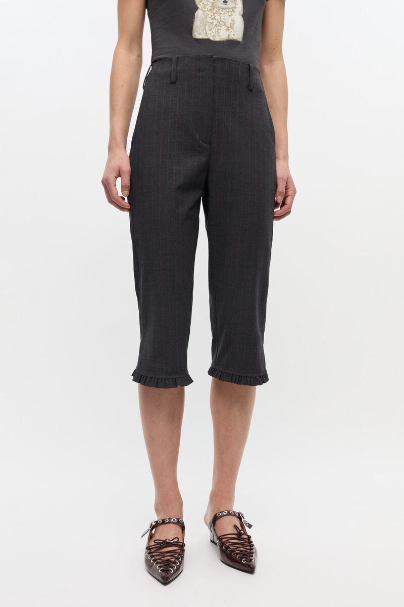 Black Pinstripe Capri Trousers, Elastane, in colour Phantom - 2 - GANNI