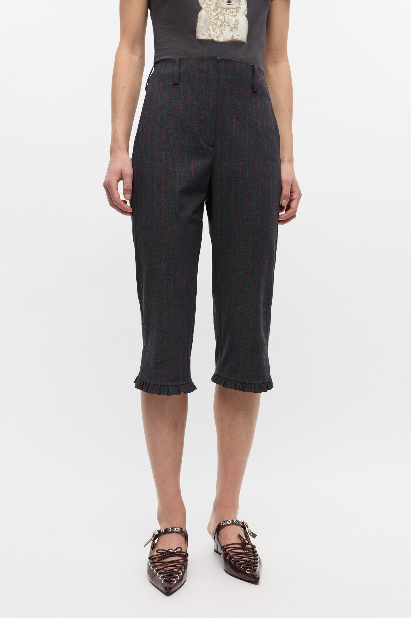 Black Pinstripe Capri Trousers, Elastane, in colour Phantom - 2 - GANNI