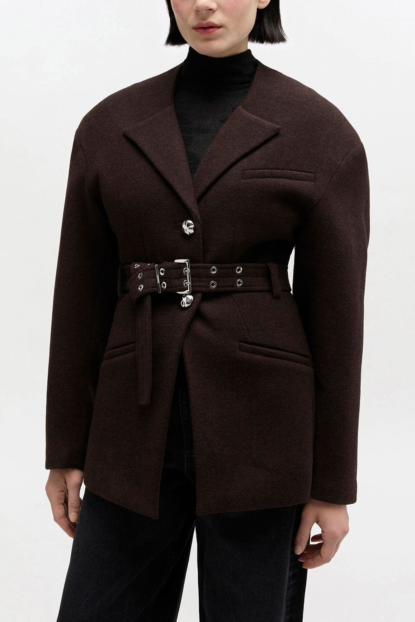 Brown Wool Jacket, Cashmere, in colour Demitasse - 2 - GANNI