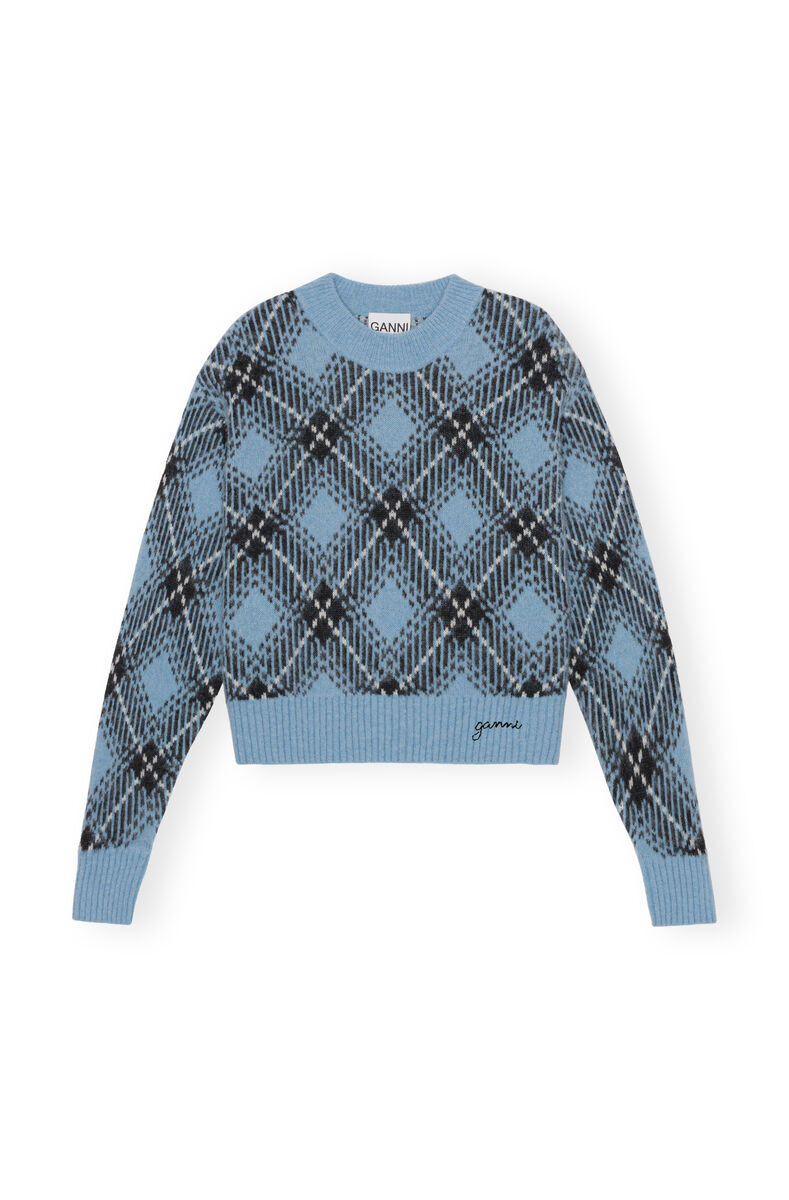 Blue Checkered Oversized Wool Pullover, Alpaca, in colour Silver Lake Blue - 1 - GANNI