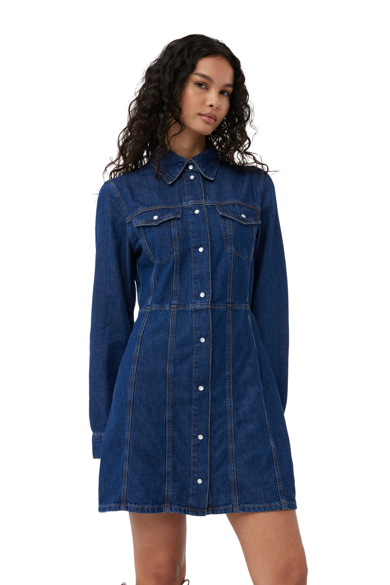 Re-Cut Denim Mini Dress, Lyocell, in colour Mid Blue Stone - 4 - GANNI