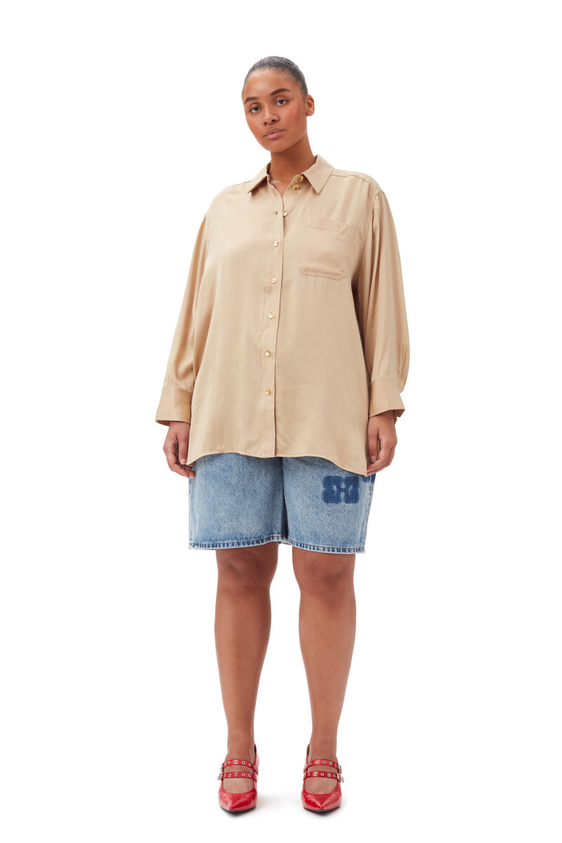 Beige Washed Satin Shirt, Cupro, in colour Safari - 6 - GANNI