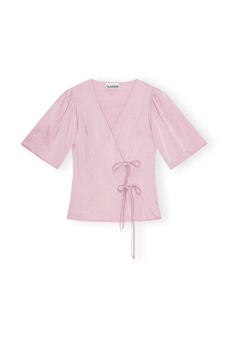 Pink Washed Satin Wrap Blouse, Cupro, in colour Bleached Mauve - 1 - GANNI