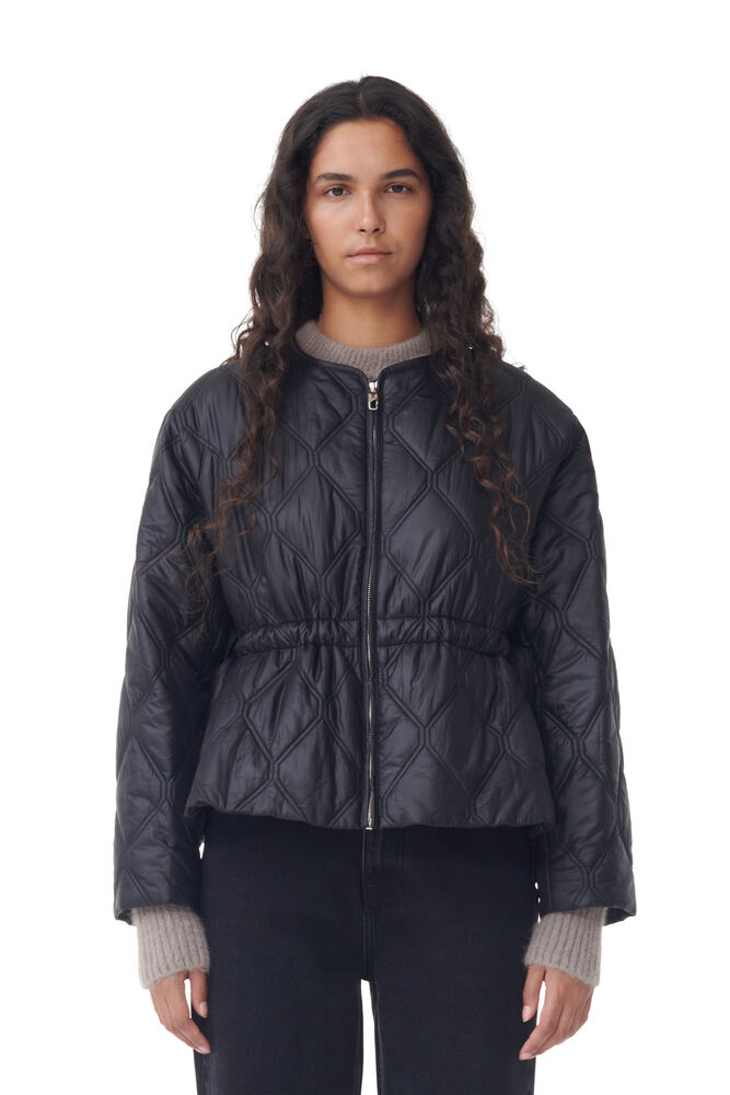 Black Shiny Quilt Jacket, Black