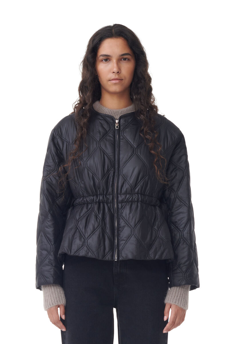 Black Shiny Quilt Jacket, Nylon, in colour Black - 1 - GANNI