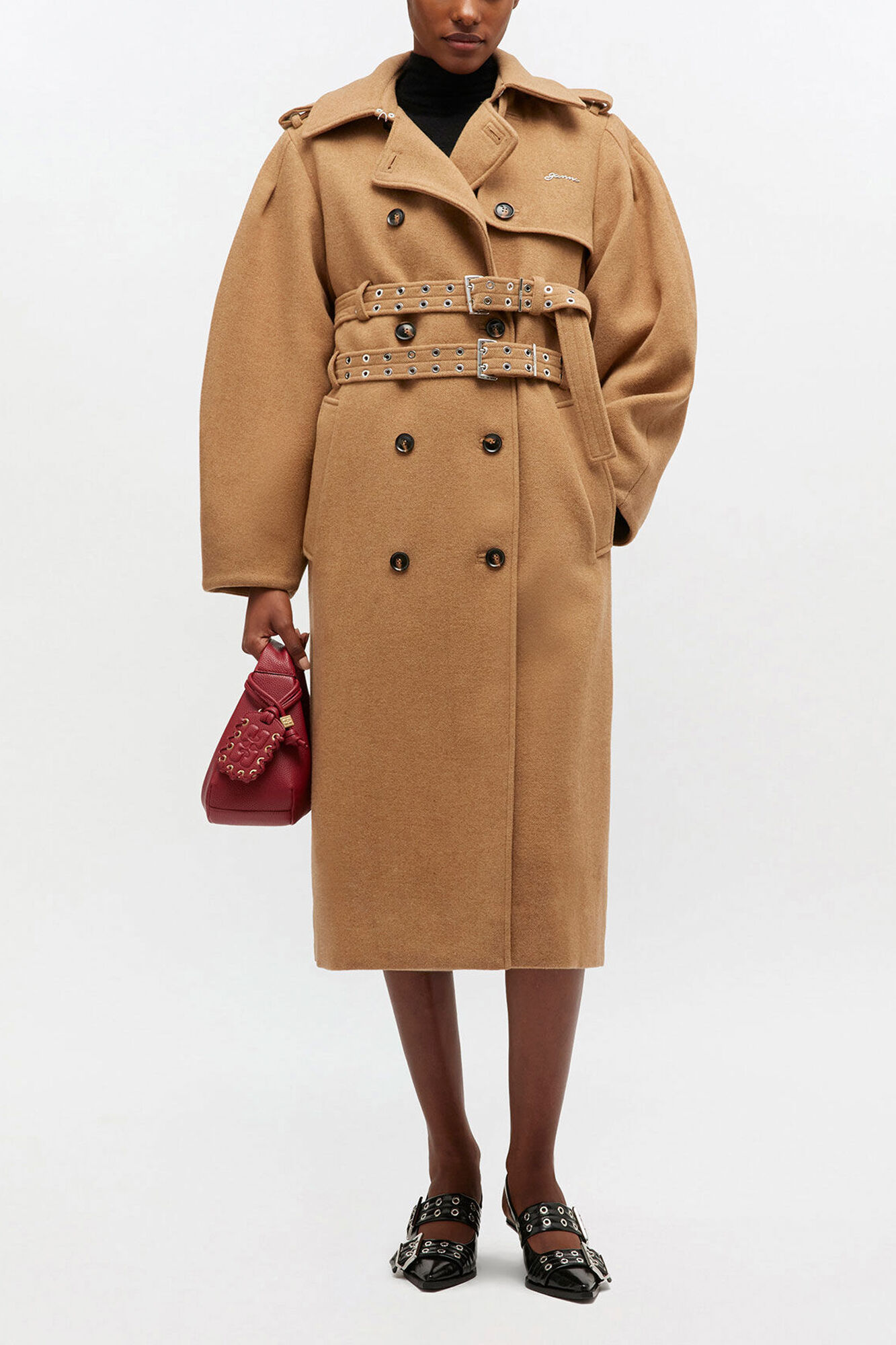 Wool Trench Coat, Wool, in colour Tiger's Eye - 1 - GANNI