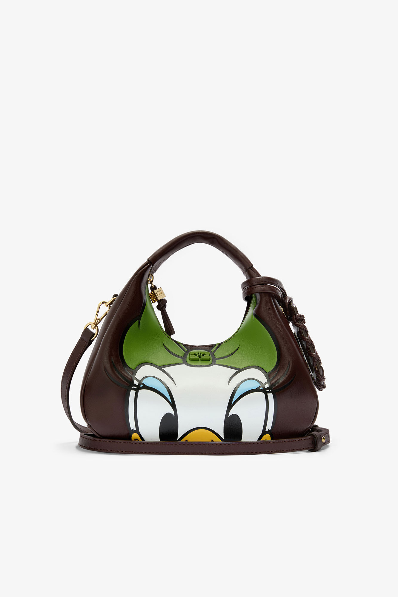 Daisy Duck Mini Hobo Bag in Brown, Recycled Leather, in colour Seal Brown - 1 - GANNI