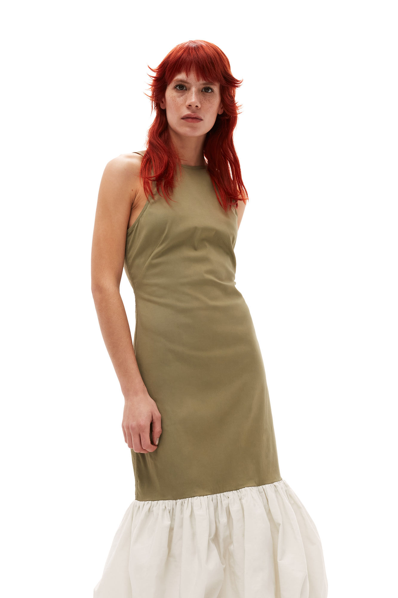 Taffeta Mix klänning med öppen rygg, Elastane, in colour Aloe - 2 - GANNI
