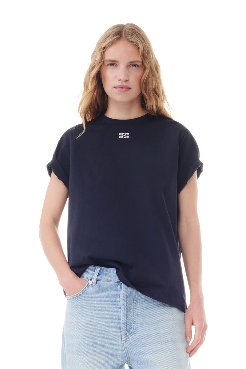 Dunkelgraues, entspannt geschnittenes Strass-T-Shirt, Cotton, in colour Phantom - 5 - GANNI