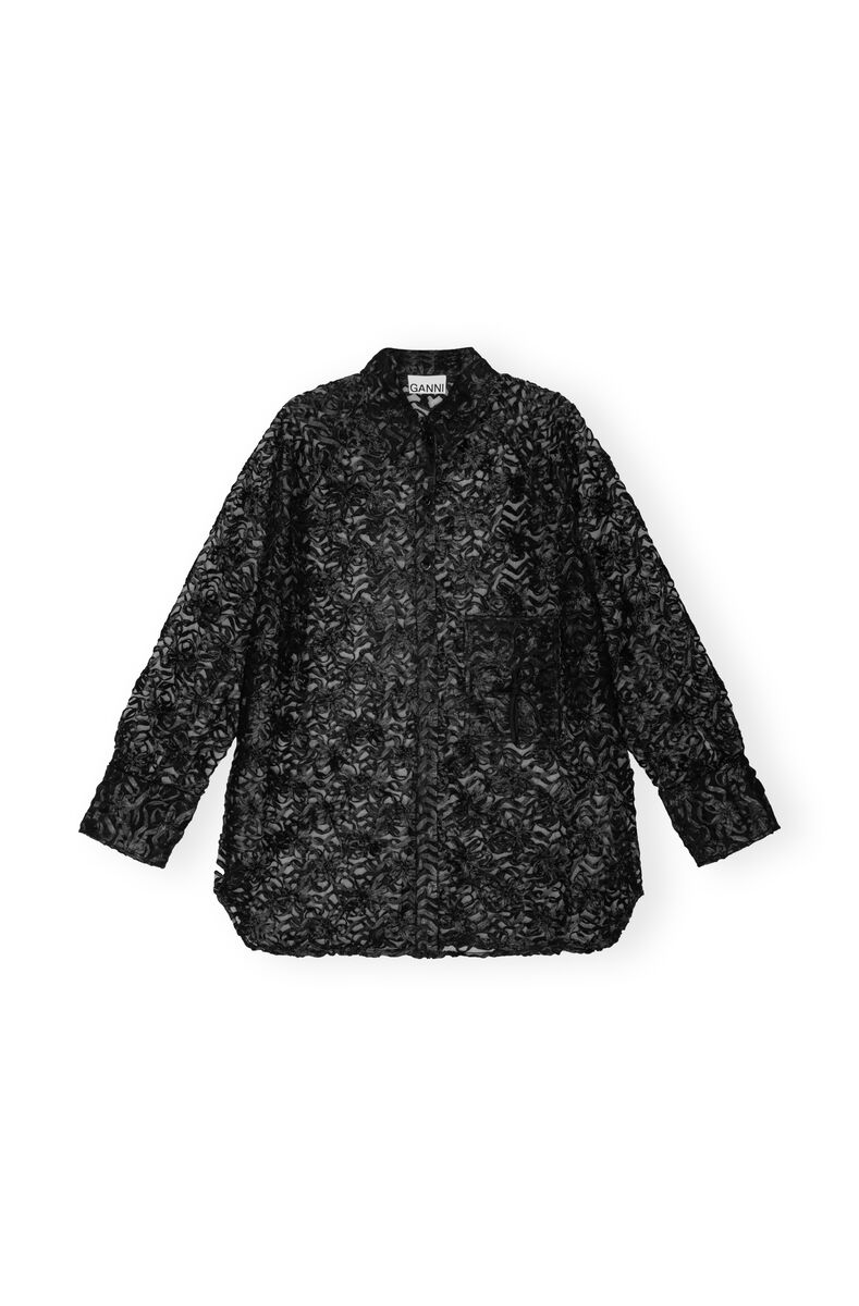 Black Ribbon Tulle Raglan Skjorte, Recycled Polyester, in colour Black - 1 - GANNI