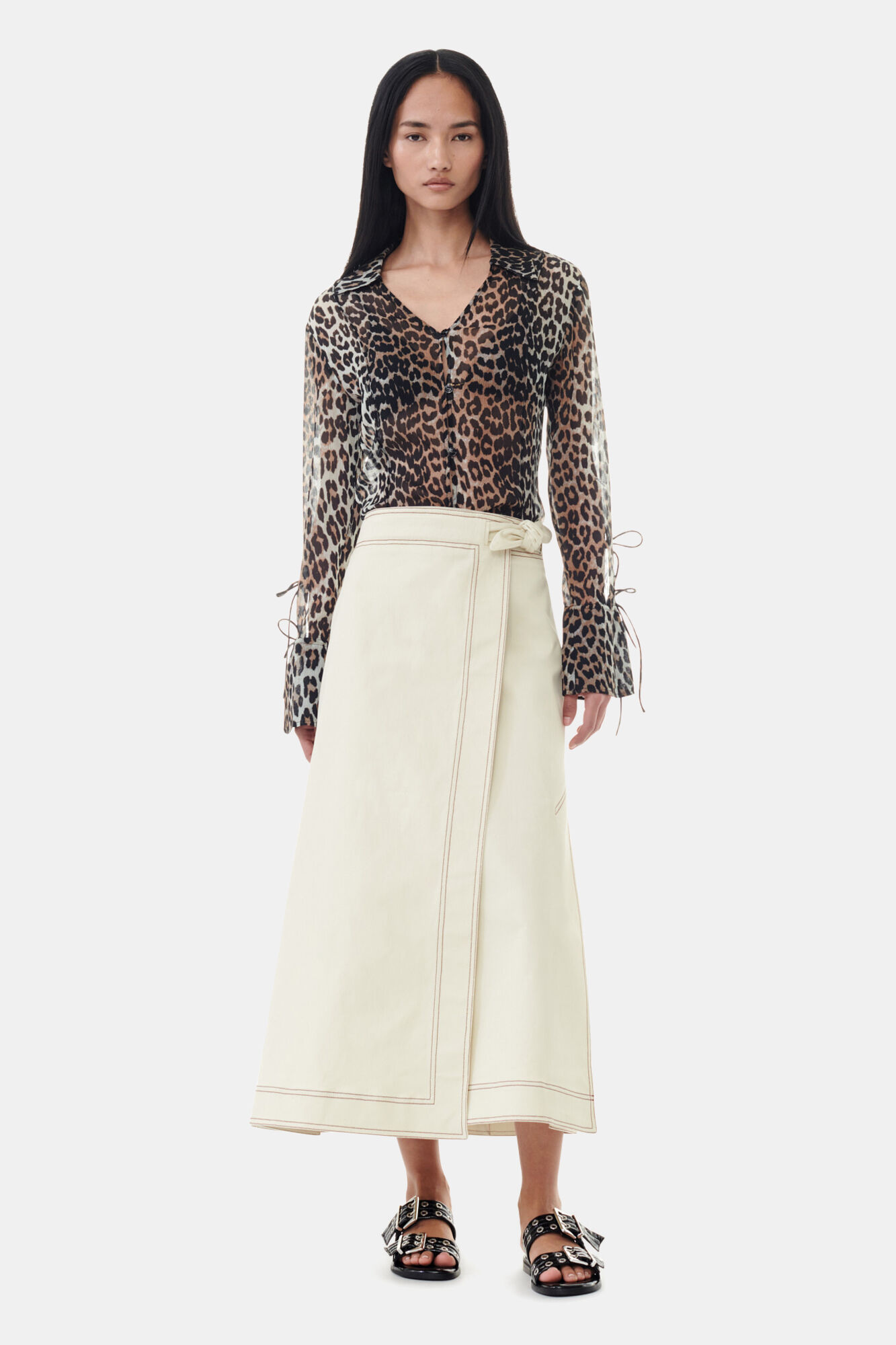 Leopard Printed Chiffon Slim Shirt, Recycled Polyester, in colour Almond Milk - 2 - GANNI