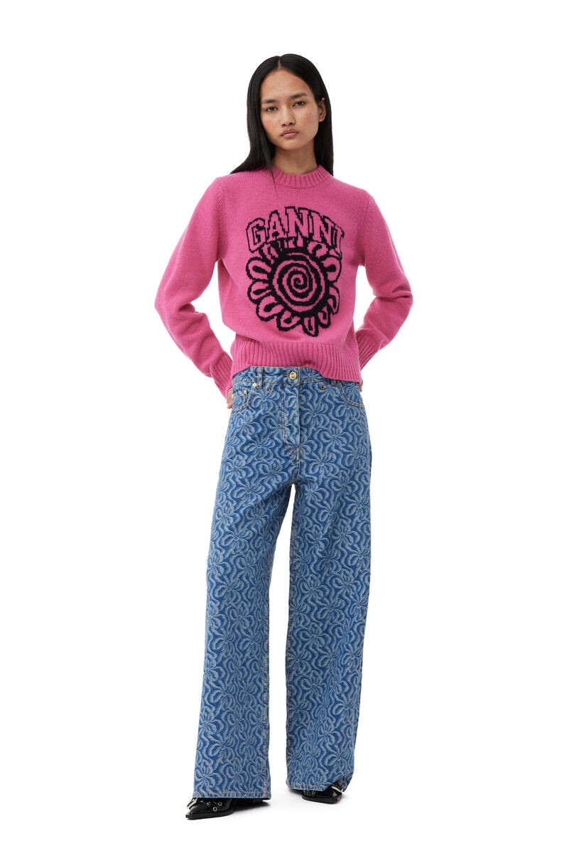 Pink Flower Graphic O-neck Pullover, Recycled Polyamide, in colour Cone Flower - 2 - GANNI