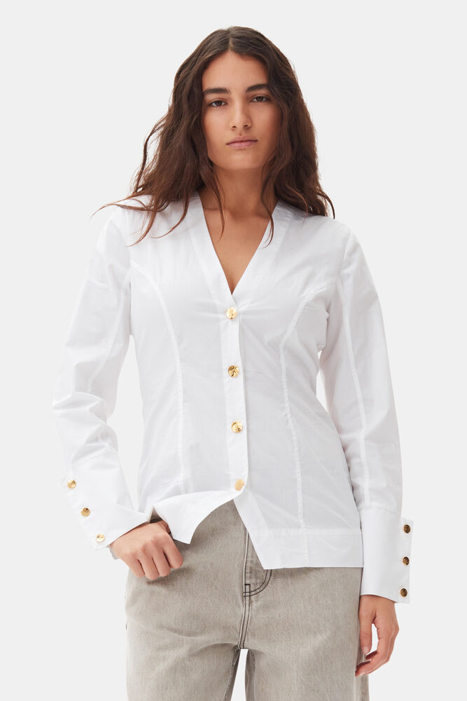 White Cotton Poplin V-neck Shirt, Bright White