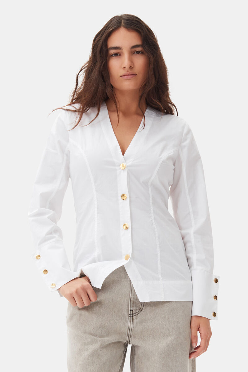White Cotton Poplin V-neck Shirt, Cotton, in colour Bright White - 1 - GANNI
